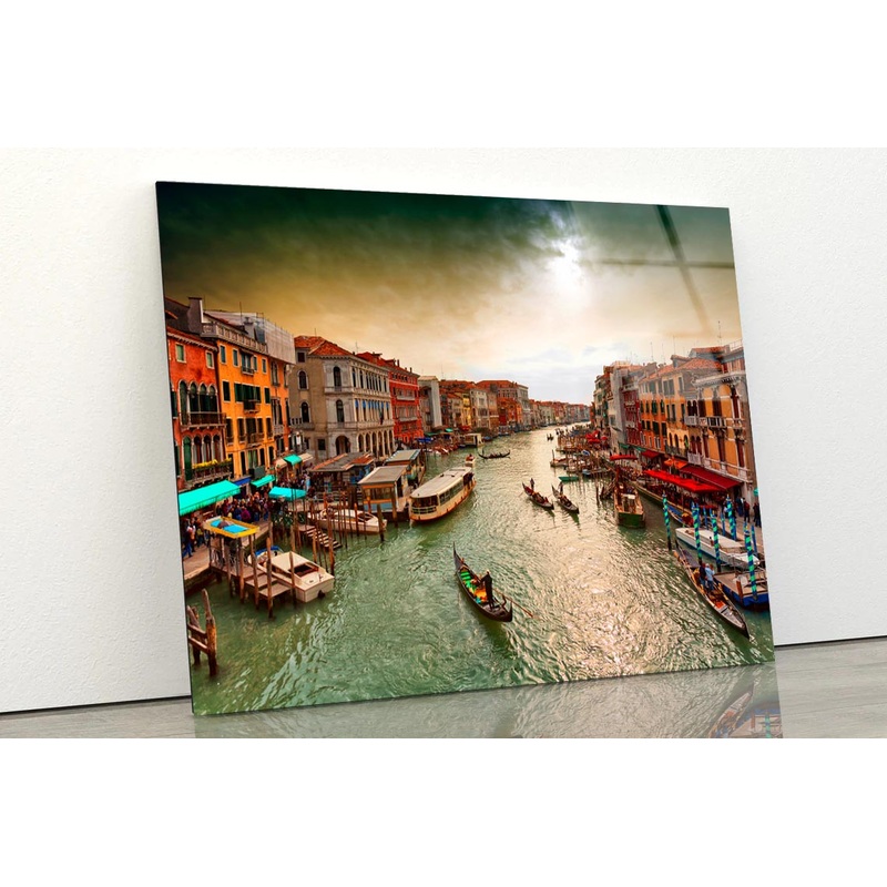 Boats And Gondolas on The Grand Canal of Venice, View from Bridge Rialto Acrylic Glass Print Tempered Glass Wall Art 100% Made in Australia Ready to Hang