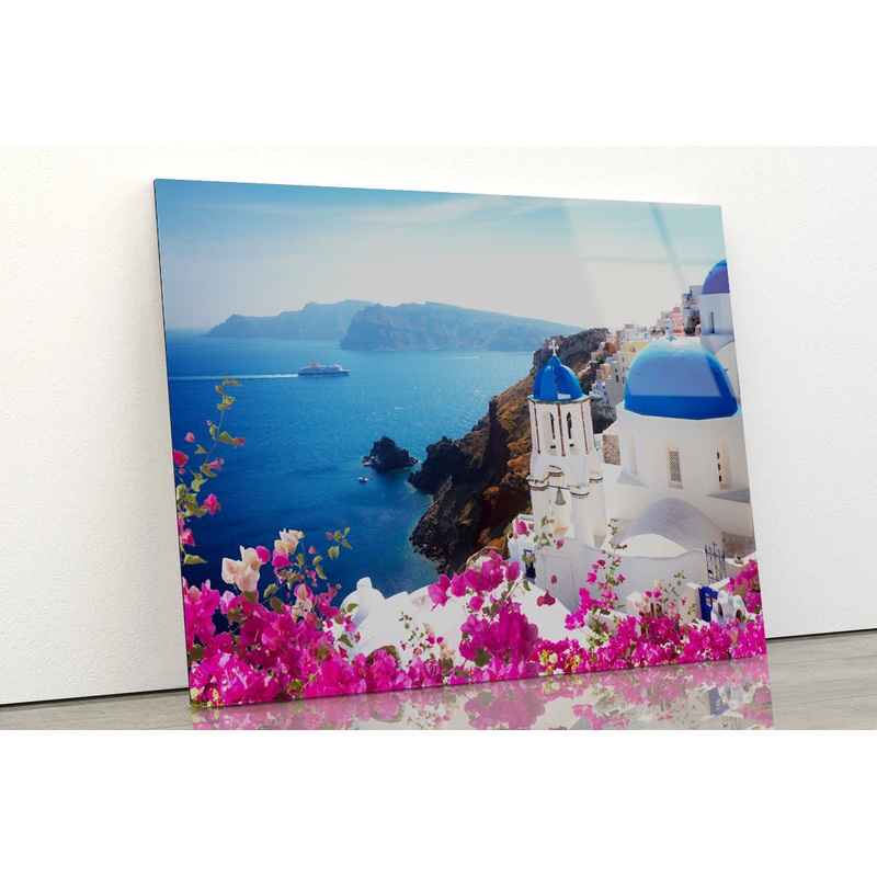 Bougainvillea in the Oia of Coast Acrylic Glass Print Tempered Glass Wall Art 100% Made in Australia Ready to Hang