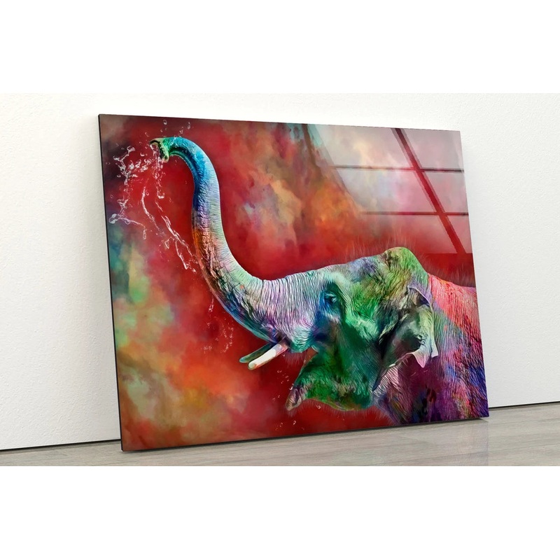 Colored Elephant with Water Photograph Acrylic Glass Print Tempered Glass Wall Art 100% Made in Australia Ready to Hang
