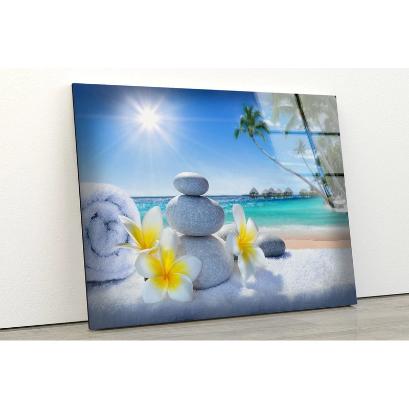 Flowers Towels & Zen Stones Near Sea Photograph Acrylic Glass Print Tempered Glass Wall Art 100% Made in Australia Ready to Hang