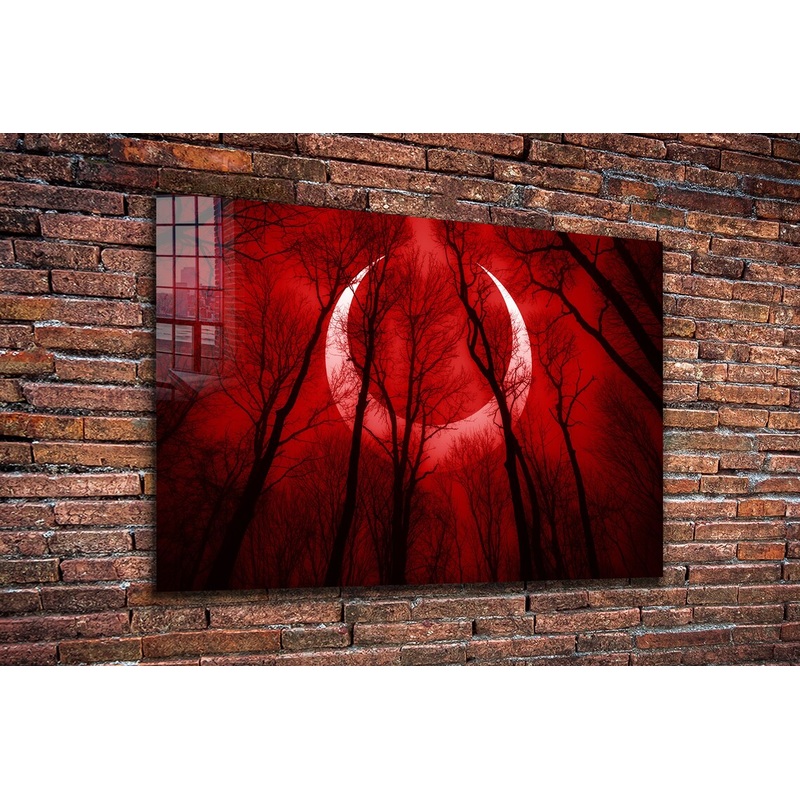 Red Sky Moon with Trees Print Tempered Glass Wall Art 100% Made in Australia Ready to Hang