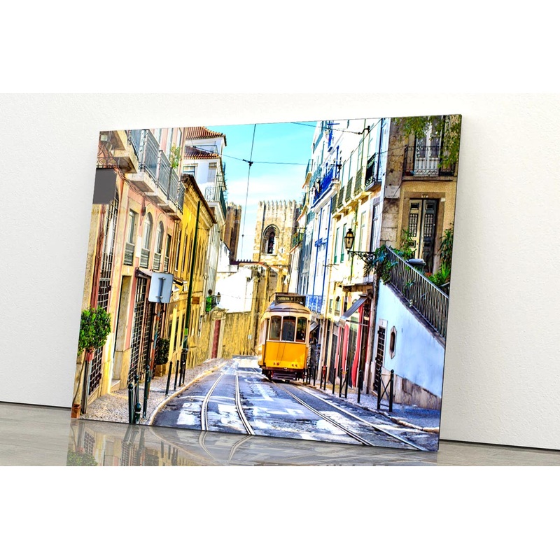 Romantic Lisbon Street with The Typical Yellow Tram and Lisbon Cathedral  Acrylic Glass Print Tempered Glass Wall Art 100% Made in Australia Ready to Hang