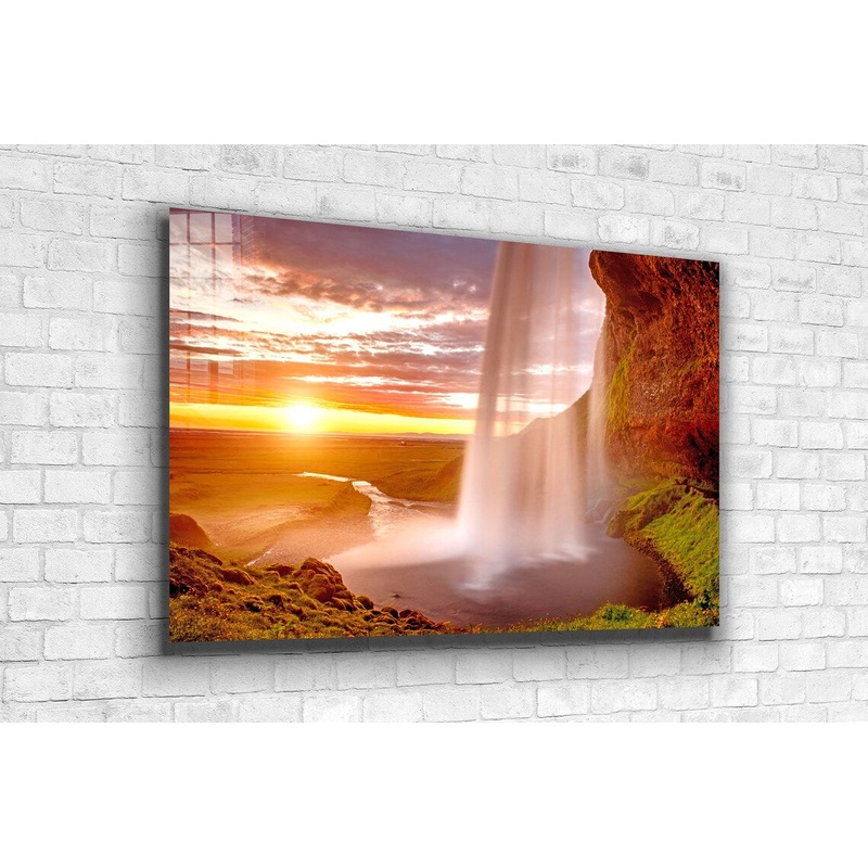 Waterfall & Mountains Print Tempered Glass Wall Art 100% Made in Australia Ready to Hang