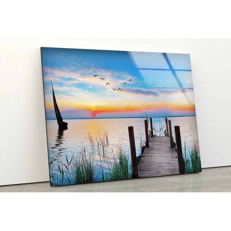 Wooden Pier Over Lake Sunset View Photograph Acrylic Glass Print Tempered Glass Wall Art 100% Made in Australia Ready to Hang