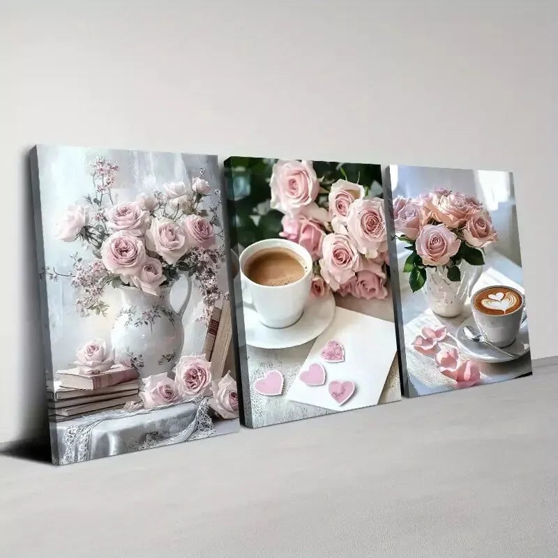 3pc Charming Pink Rose Coffee on a table  Wall Art Set Canvas Framed 50x70cm - High Quality Print 100% Australian Made Wall Canvas Ready to Hang