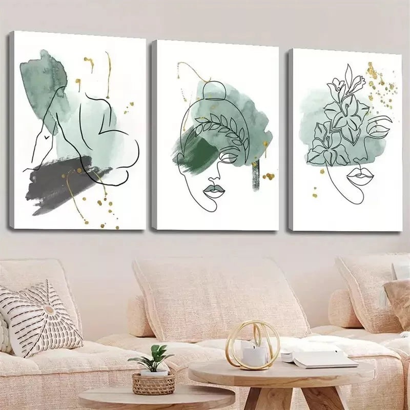 3pcs Abstract Green Sage Line Face Shape Wall Art Set Canvas Framed 50x70cm - High Quality Print 100% Australian Made Wall Canvas Ready to Hang