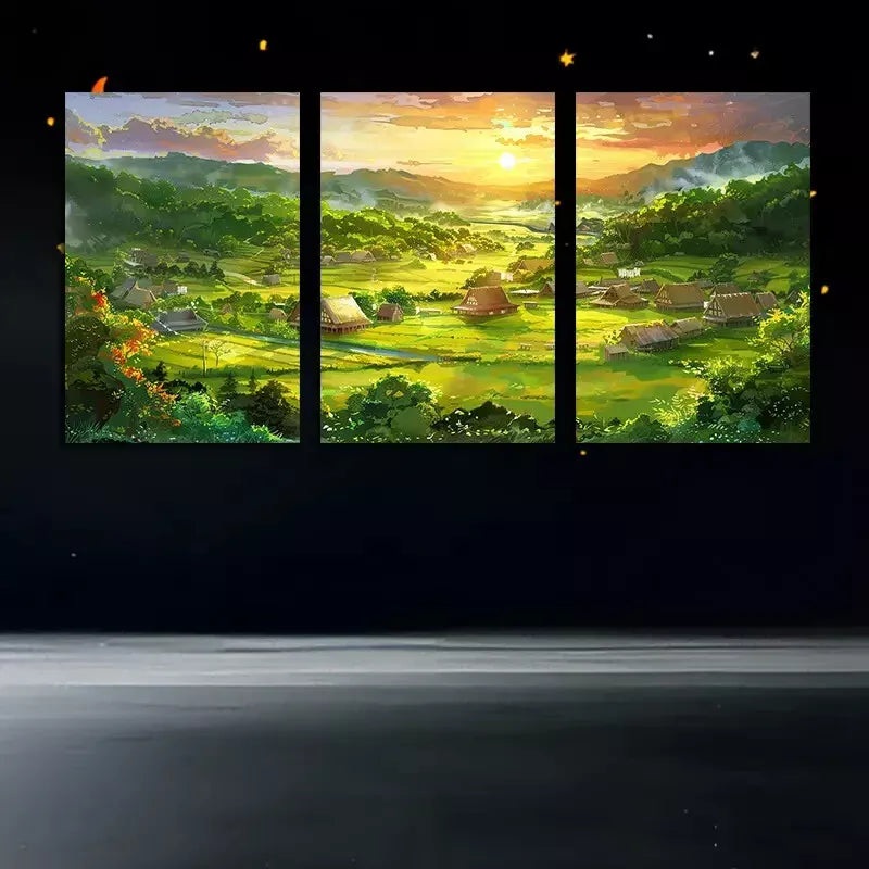 3pcs Art Of A Quaint Paddy Farm Under A Sunset  Wall Art Set Canvas Framed 50x70cm - High Quality Print 100% Australian Made Wall Canvas Ready to Hang