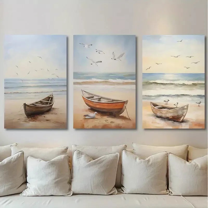 3pcs Beach Boat  Wall Art Set Canvas Framed 50x70cm -  High Quality Print 100% Australian Made Wall Canvas Ready to Hang