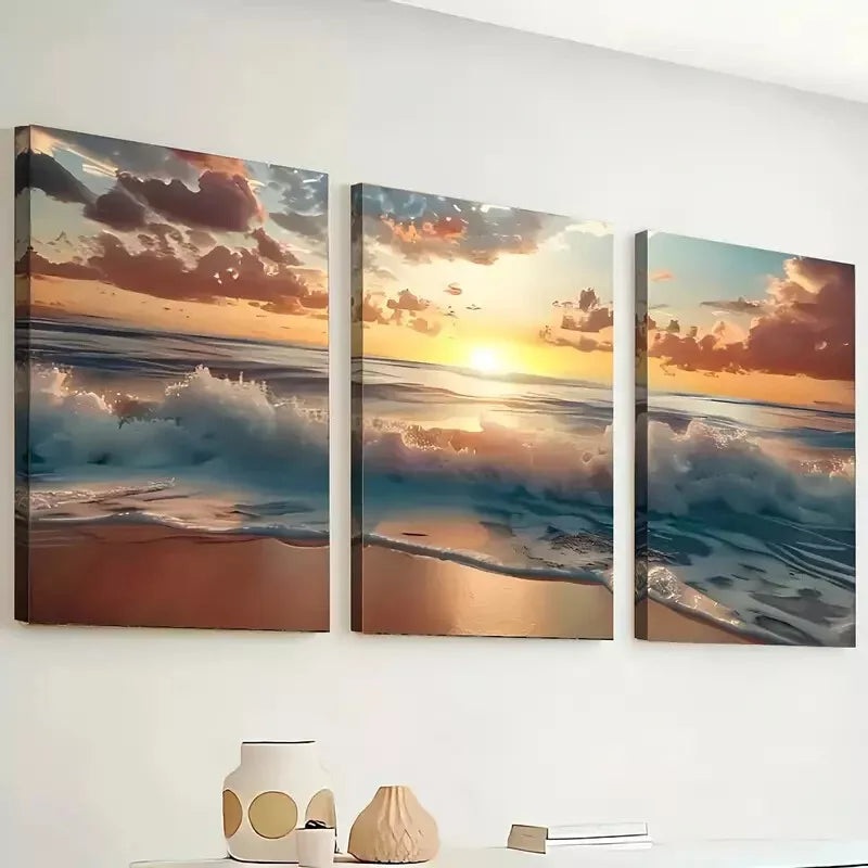 3pcs Beach Sunset Landscape Wall Art Set Canvas Framed 50x70cm - High Quality Print 100% Australian Made Wall Canvas Ready to Hang