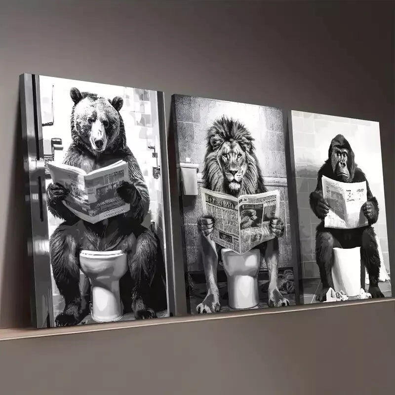 3pcs Black and White Fashion Animal Bathroom Wall Art Set Canvas Framed 50x70cm -  High Quality Print 100% Australian Made Wall Canvas Ready to Hang