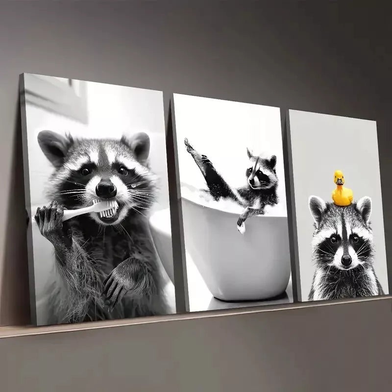 3pcs Black And White Wind Raccoon Fashion Animal Wall Art Set Canvas Framed 50x70cm -  High Quality Print 100% Australian Made Wall Canvas Ready to Hang