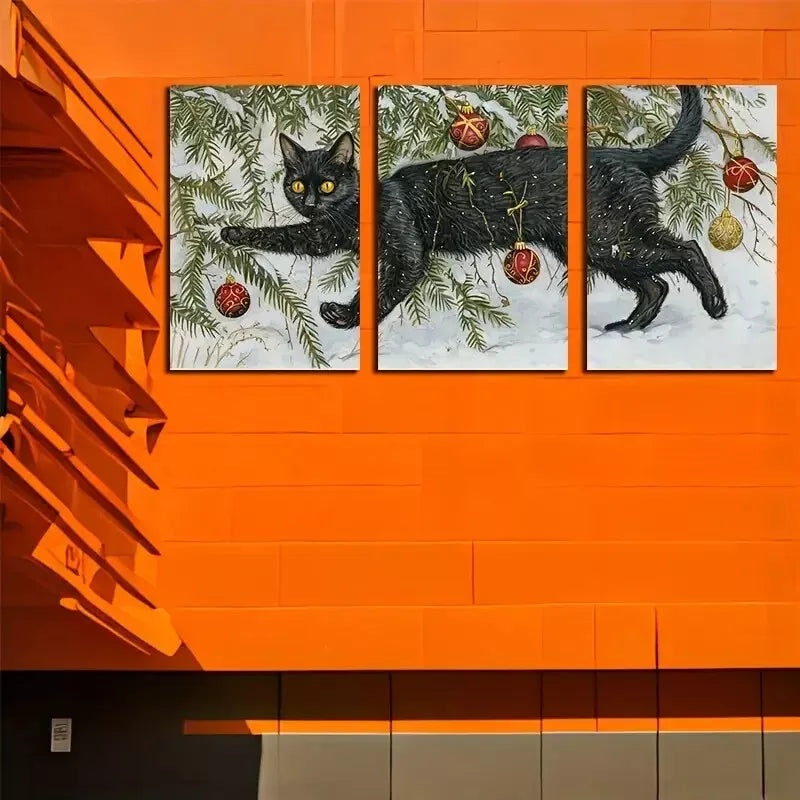 3pcs  Black Cat Entangled In Christmas Decorations  Wall Art Set Canvas Framed 50x70cm -  High Quality Print 100% Australian Made Wall Canvas Ready to Hang