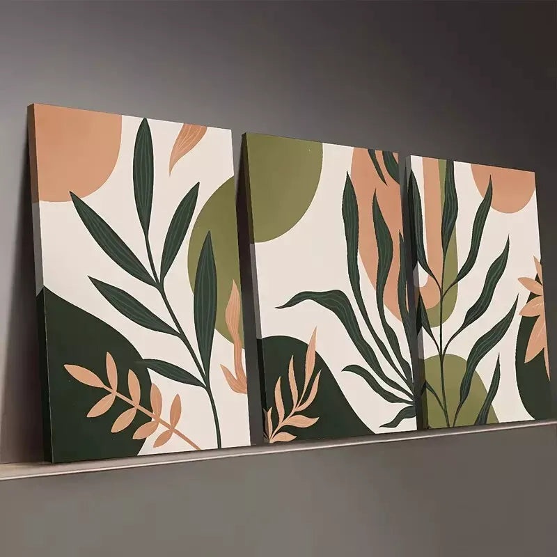 3pcs Bohemian Abstract Botanical Green Leaves  Wall Art Set Canvas Framed 50x70cm -  High Quality Print 100% Australian Made Wall Canvas Ready to Hang