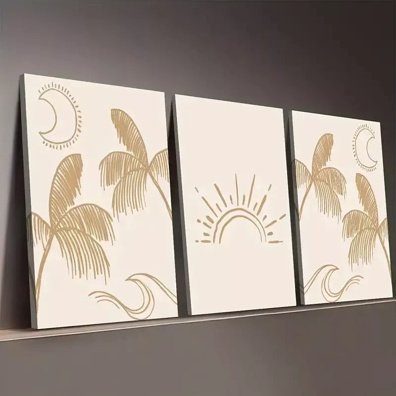 3pcs Bohemian Coconut Tree Sun Abstract Line Wall Art Set Canvas Framed 50x70cm -  High Quality Print 100% Australian Made Wall Canvas Ready to Hang
