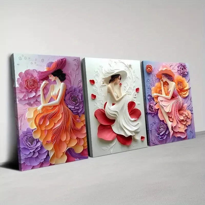 3pcs Charming Fashionable Woman With Flowers Wall Art Set Canvas Framed 50x70cm - High Quality Print 100% Australian Made Wall Canvas Ready to Hang