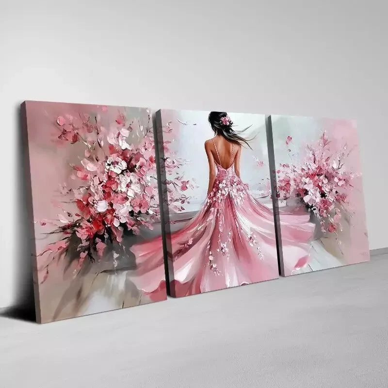 3pcs Charming Pink Dress Woman with Pink Florals Wall Art Set Canvas Framed 50x70cm - High Quality Print 100% Australian Made Wall Canvas Ready to Hang