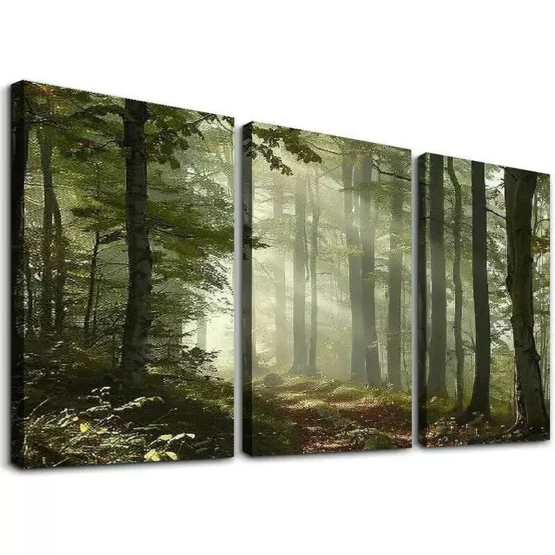 3pcs Classic Style Green Fall Forest Sun Rays Wall Art Set Canvas Framed 50x70cm - High Quality Print 100% Australian Made Wall Canvas Ready to Hang