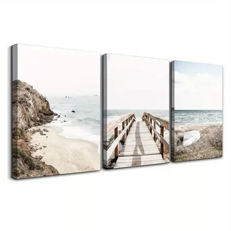 3pcs Coastal Mural   Wall Art Set Canvas Framed 50x70cm - High Quality Print 100% Australian Made Wall Canvas Ready to Hang