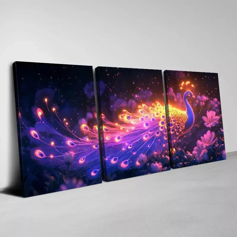 3pcs Colorful magical Peacock with Pink Florals Wall Art Set Canvas Framed 50x70cm - High Quality Print 100% Australian Made Wall Canvas Ready to Hang