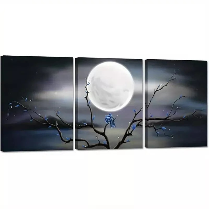 3pcs Creative Elegant Full Moon Love Birds Wall Art Set Canvas Framed 50x70cm - High Quality Print 100% Australian Made Wall Canvas Ready to Hang