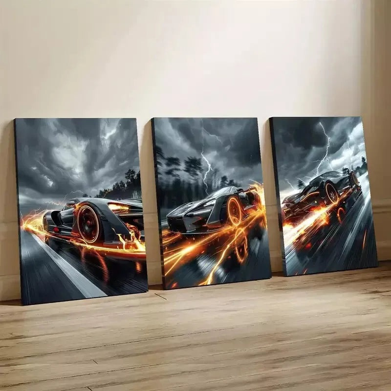 3pcs Creative Elegant Sports Car at Night  In Thunderstorms Wall Art Set Canvas Framed 50x70cm - High Quality Print 100% Australian Made Wall Canvas Ready to Hang