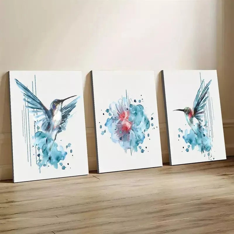 3pcs Creative Vibrant Blue Hummingbird Wall Art Set Canvas Framed 50x70cm - High Quality Print 100% Australian Made Wall Canvas Ready to Hang