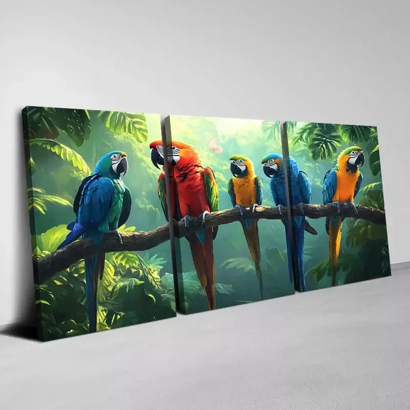 3pcs Cute Parrots on the Branch Greenery Forest Wall Art Set Canvas Framed 50x70cm - High Quality Print 100% Australian Made Wall Canvas Ready to Hang