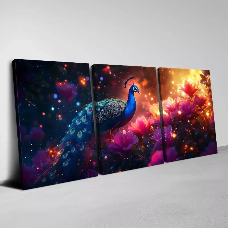 3pcs Elegant Magical Peacock with Pink Florals Wall Art Set Canvas Framed 50x70cm - High Quality Print 100% Australian Made Wall Canvas Ready to Hang