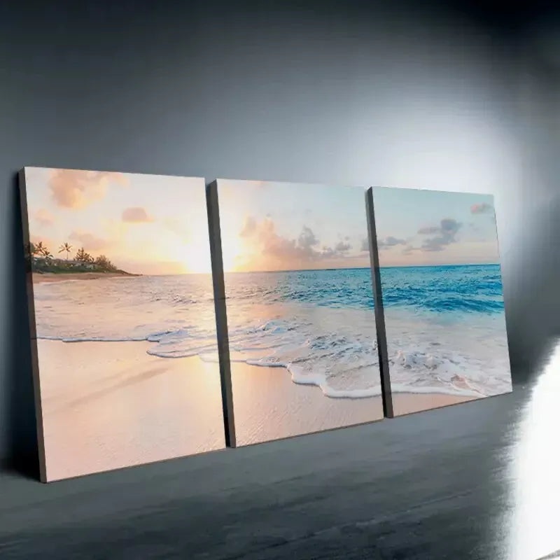 3pcs Elegant Nordic Sea & Waves at Sunrise  Wall Art Set Canvas Framed 50x70cm - High Quality Print 100% Australian Made Wall Canvas Ready to Hang