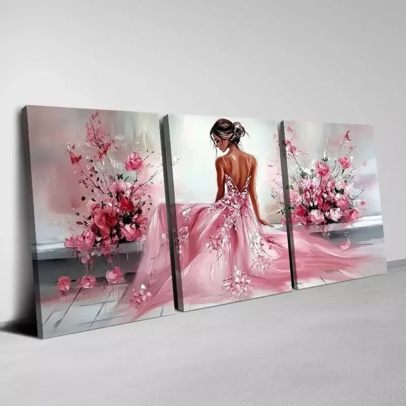 3pcs Elegant Pink Dress Woman with Pink Florals Wall Art Set Canvas Framed 50x70cm - High Quality Print 100% Australian Made Wall Canvas Ready to Hang