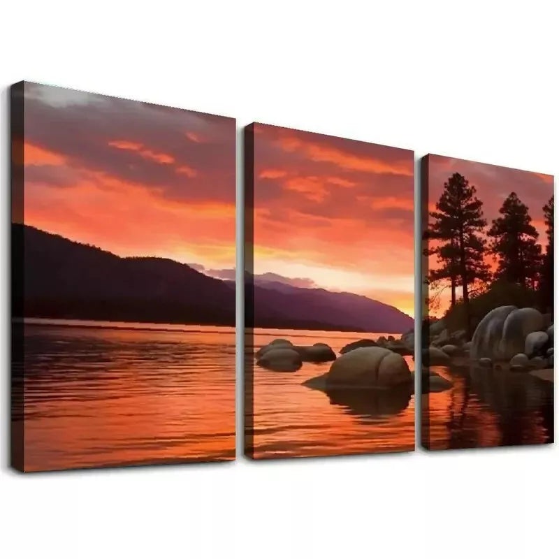 3pcs Elegant Sand Harbor Sunset Orton Wall Art Set Canvas Framed 50x70cm - High Quality Print 100% Australian Made Wall Canvas Ready to Hang