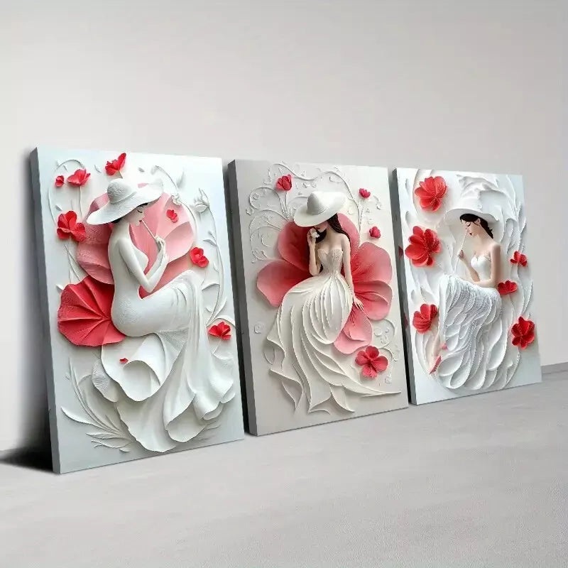 3pcs Elegant Woman with Red Flowers Painting t Wall Art Set Canvas Framed 50x70cm - High Quality Print 100% Australian Made Wall Canvas Ready to Hang