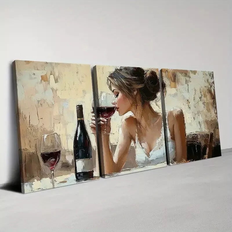 3pcs Elegant Women Drinking Red Wine Wall Art Set Canvas Framed 50x70cm - High Quality Print 100% Australian Made Wall Canvas Ready to Hang