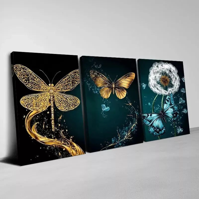 3pcs Enchanting Abstract Golden Butterfly Dandelion Wall Art Set Canvas Framed 50x70cm - High Quality Print 100% Australian Made Wall Canvas Ready to Hang