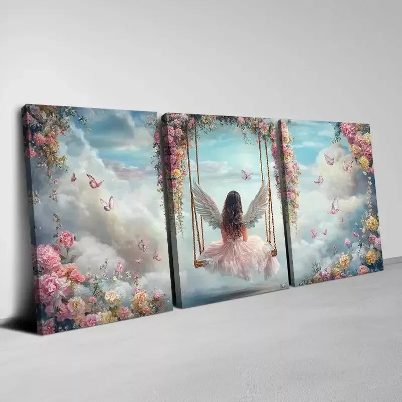 3pcs Enchanting Angel Sitting On A Floral Swing Wall Art Set Canvas Framed 50x70cm - High Quality Print 100% Australian Made Wall Canvas Ready to Hang
