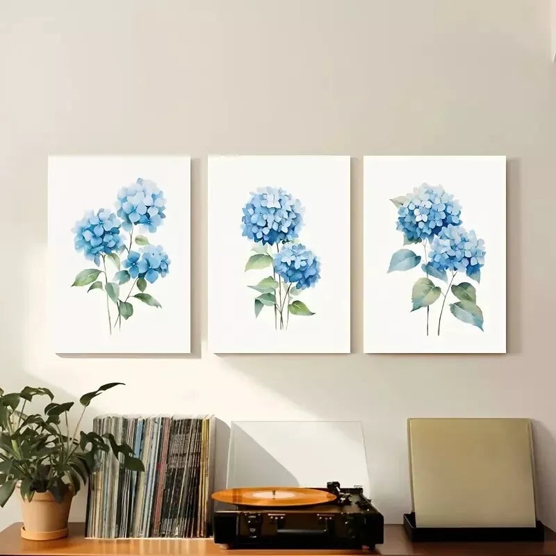 3pcs Farmhouse Blue Hydrangea Floral Wall Art Set Canvas Framed 50x70cm - High Quality Print 100% Australian Made Wall Canvas Ready to Hang