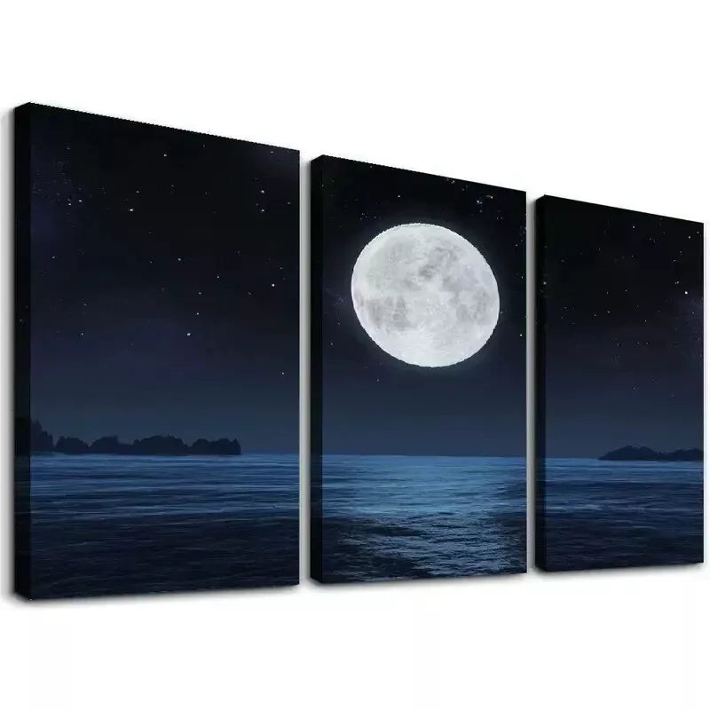 3pcs Full Moon on a Dark Night with Stars Wall Art Set Canvas Framed 50x70cm - High Quality Print 100% Australian Made Wall Canvas Ready to Hang