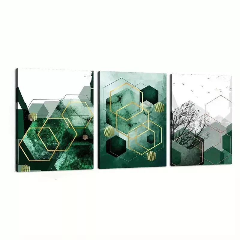 3pcs Geometric Print Art Pink Green Copper   Wall Art Set Canvas Framed 50x70cm - High Quality Print 100% Australian Made Wall Canvas Ready to Hang
