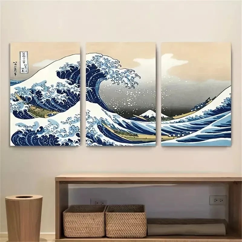 3pcs   Japanese Sea Waves  Wall Art Set Canvas Framed 50x70cm -  High Quality Print 100% Australian Made Wall Canvas Ready to Hang