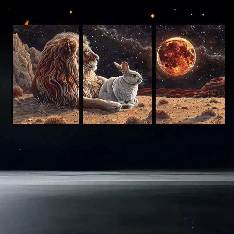 3pcs Lion And Rabbit Watching The Fire Colored Moon   Wall Art Set Canvas Framed 50x70cm -  High Quality Print 100% Australian Made Wall Canvas Ready to Hang