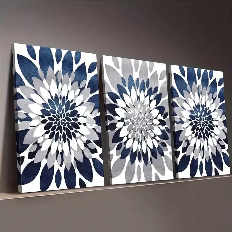 3pcs Modern Abstract Flower Wheel Blue and Grey Wall Art Set Canvas Framed 50x70cm -  High Quality Print 100% Australian Made Wall Canvas Ready to Hang