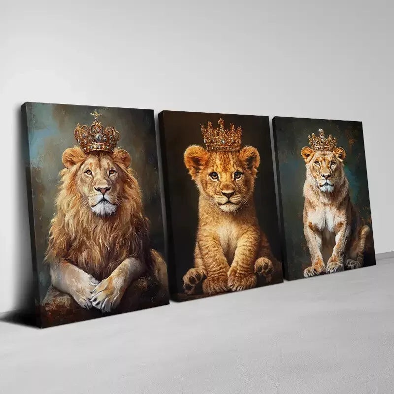 3pcs Modern Abstract Royal Lion Family with Crowns Wall Art Set Canvas Framed 50x70cm - High Quality Print 100% Australian Made Wall Canvas Ready to Hang