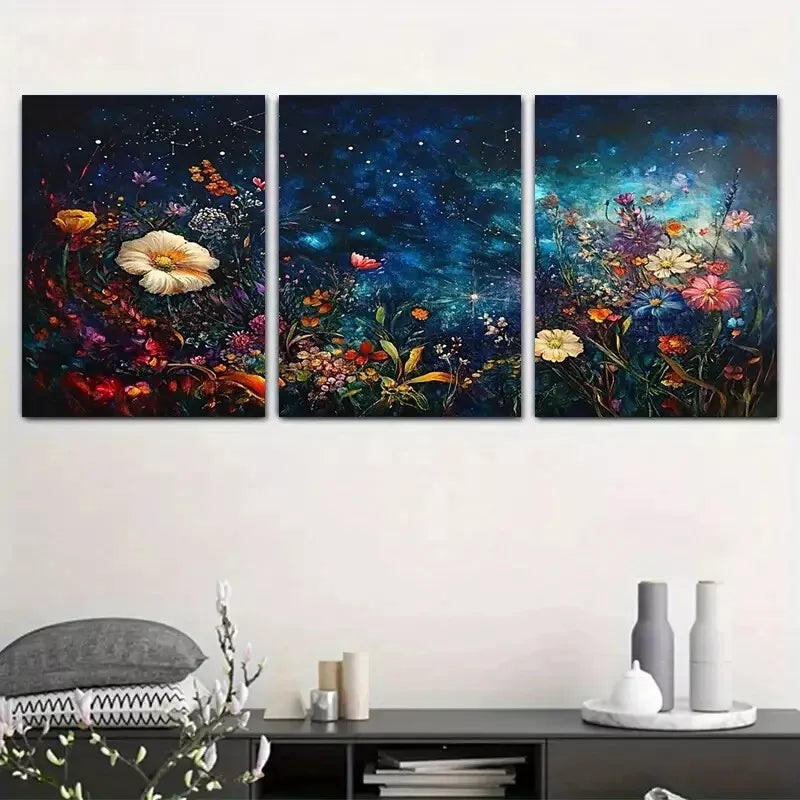 3pcs Modern Aesthetic Starry Sky Floral Night Wall Art Set Canvas Framed 50x70cm - High Quality Print 100% Australian Made Wall Canvas Ready to Hang