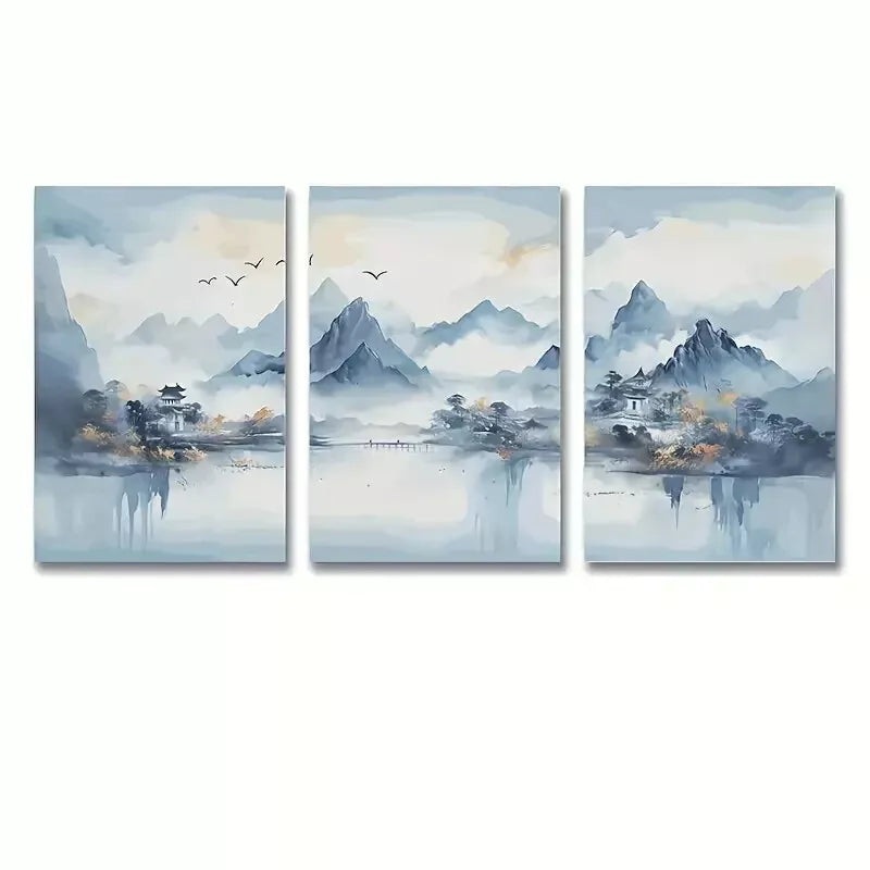 3pcs Modern Blue Abstract Mountain Murals Wall Art Set Canvas Framed 50x70cm - High Quality Print 100% Australian Made Wall Canvas Ready to Hang