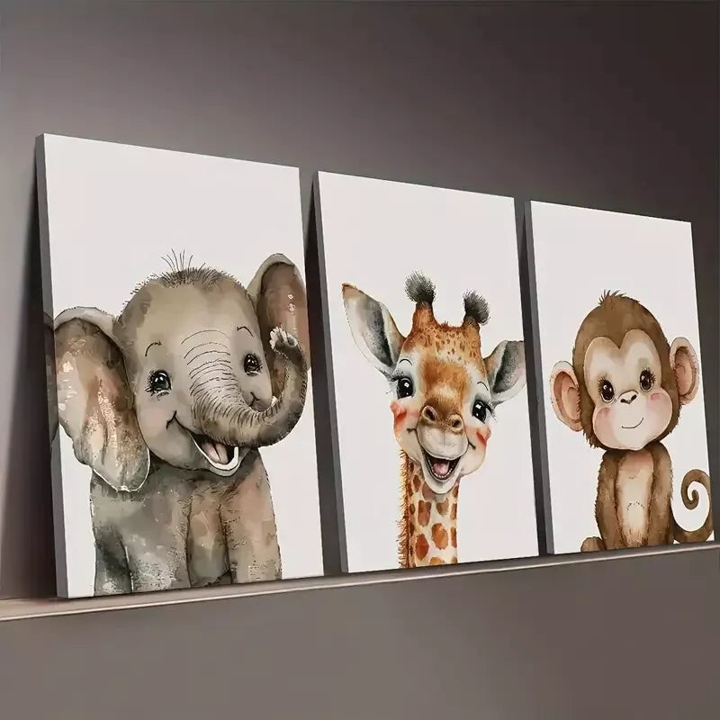3pcs Modern Style Cute Smiling Animal Abstract Wall Art Set Canvas Framed 50x70cm - High Quality Print 100% Australian Made Wall Canvas Ready to Hang