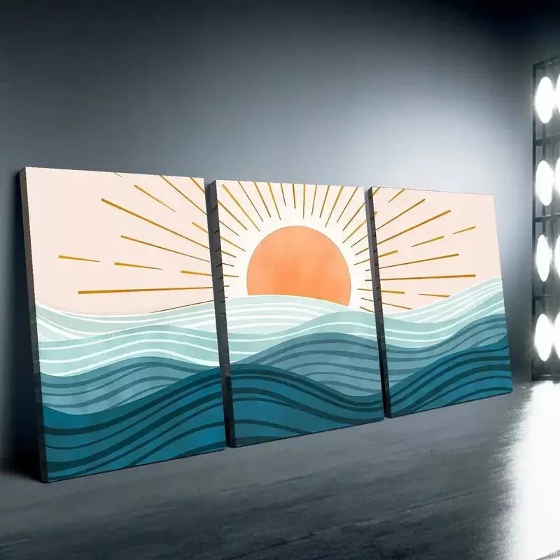 3pcs   Sun and Sea Waves  Wall Art Set Canvas Framed 50x70cm - High Quality Print 100% Australian Made Wall Canvas Ready to Hang