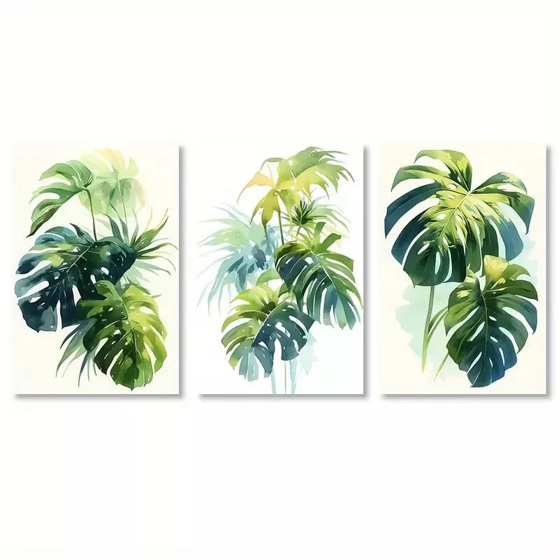 3pcs  Tropical Leaves on White Background Wall Art Set Canvas Framed 50x70cm - High Quality Print 100% Australian Made Wall Canvas Ready to Hang