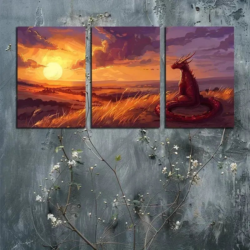 3pcs A Young Dragon Watching The Sunset Wall Art Set Canvas Framed 50x70cm -  High Quality Print 100% Australian Made Wall Canvas Ready to Hang