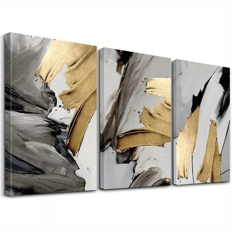 3pcs Abstract Golden and Gray Textured Artistic Wall Art Set Canvas Framed 50x70cm -  High Quality Print 100% Australian Made Wall Canvas Ready to Hang