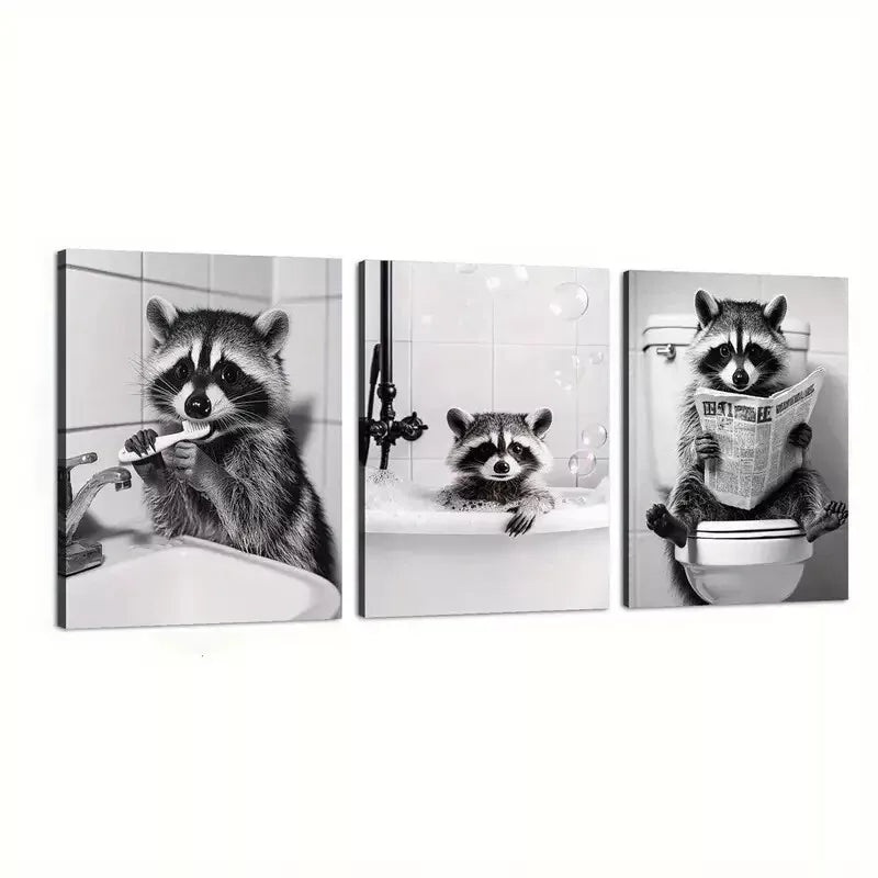 3pcs Abstract Raccoon in Funny Situations Wall Art Set Canvas Framed 50x70cm - High Quality Print 100% Australian Made Wall Canvas Ready to Hang